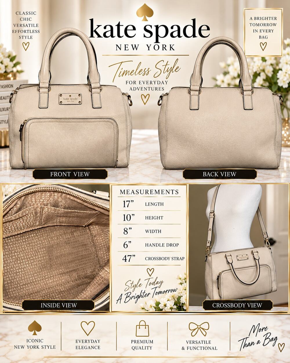 DL011 Kate Spade Baxter Street Marian Satchel*Cream Leather - Picture 1 of 1
